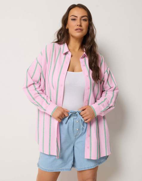Yours Clothing Stripe linen shirt in pink - view 1