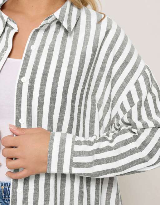 Yours Clothing Stripe linen shirt in white, 3 of 4