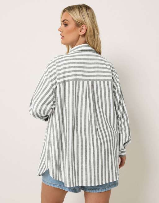 Yours Clothing Stripe linen shirt in white, 4 of 4