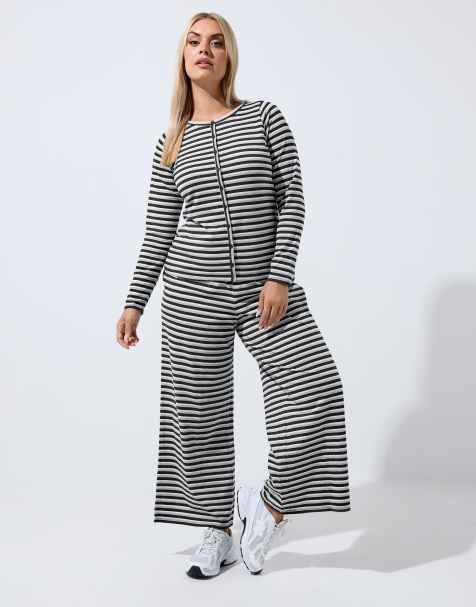 Yours Clothing Stripe long sleeve top and bottom set - view 1