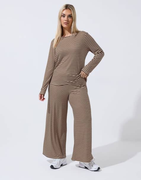 Yours Clothing Stripe long sleeve top in brown - view 1