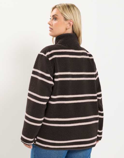 Yours Clothing Stripe placket teddy borg fleece in brown, 4 of 4