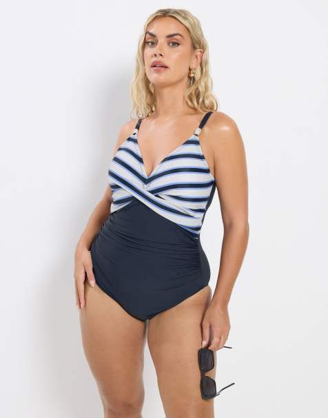 Yours Clothing Stripe plunge swimsuit in blue - view 1