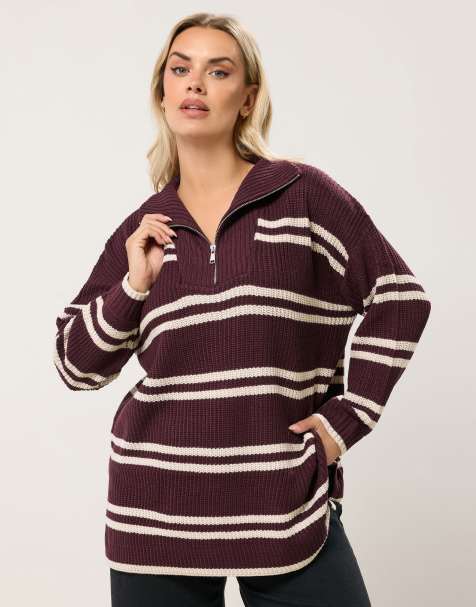 Yours Clothing Stripe quarter zip jumper in purple - view 1
