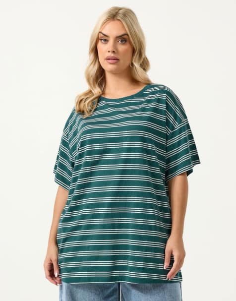 Yours Clothing Stripe relaxed t-shirt in green - view 1