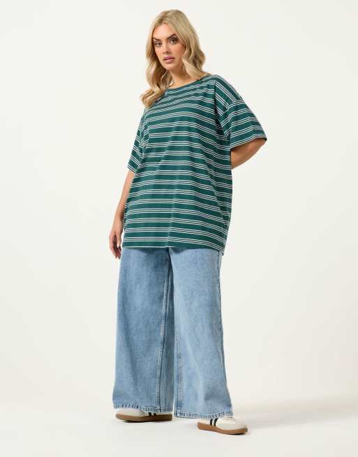 Yours Clothing Stripe relaxed t-shirt in green, 3 of 4