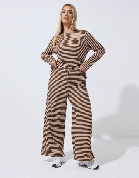 Yours Clothing Stripe ribbed wide leg trousers in brown - view 1