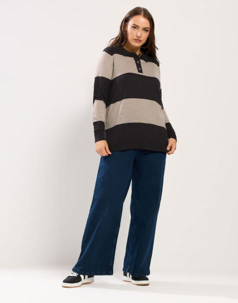 Yours Clothing Stripe rugby collar jumper in black