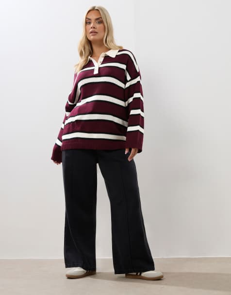 Yours Clothing Stripe rugby collar jumper in red - view 1