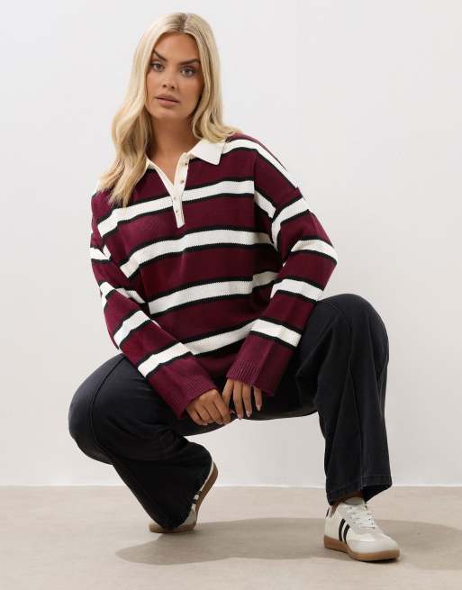 Yours Clothing Stripe rugby collar jumper in red | ASOS