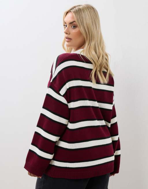 Yours Clothing Stripe rugby collar jumper in red | ASOS