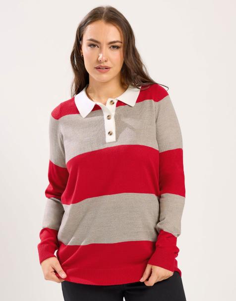 Yours Clothing Stripe rugby collar jumper in red - view 1