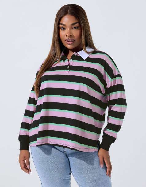 Yours Clothing Stripe rugby collar top in black - view 1