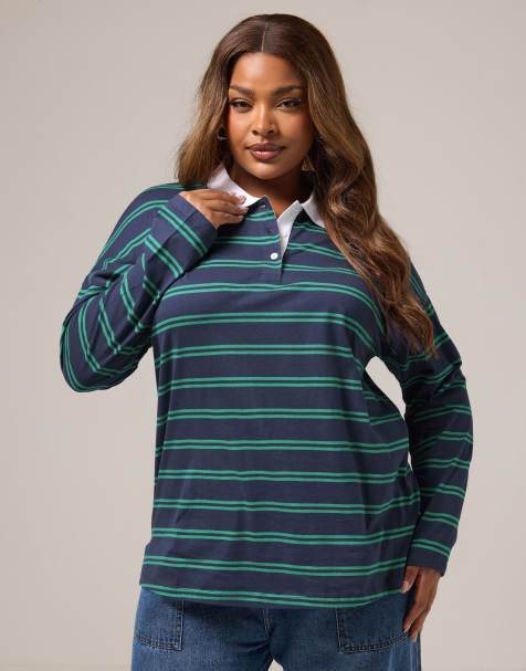 Yours Clothing Stripe rugby collar top in blue - view 1