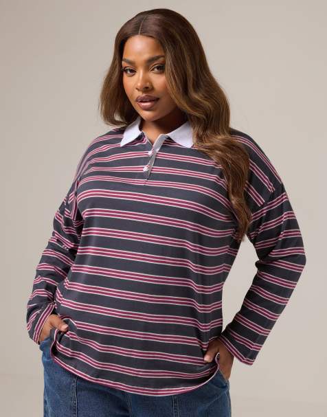Yours Clothing Stripe rugby collar top in grey - view 1