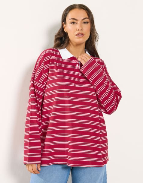 Yours Clothing Stripe rugby collar top in red - view 1