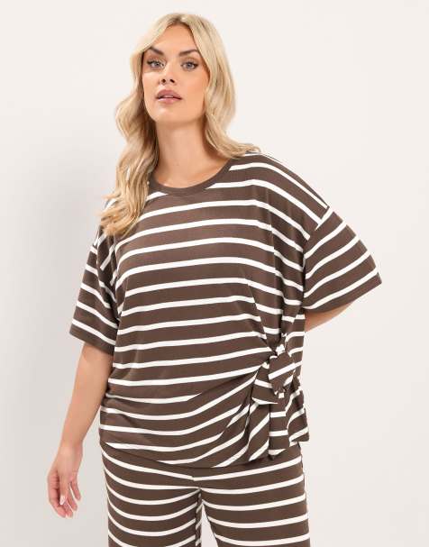 Yours Clothing Stripe side knot top in brown - view 1