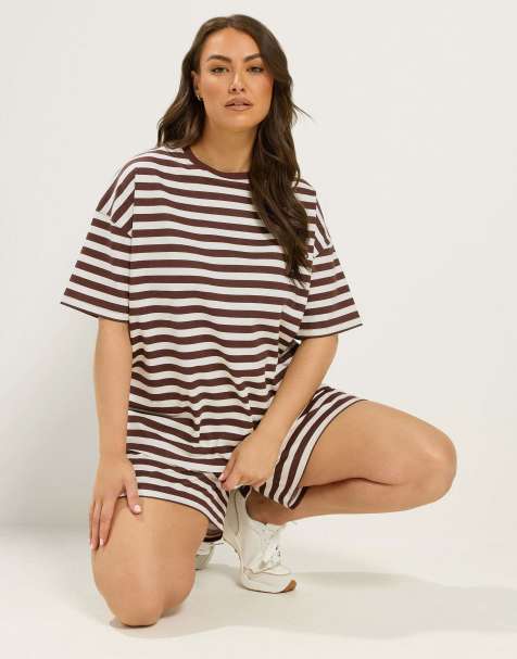 Yours Clothing Stripe t-shirt & shorts co-ord in brown - view 1