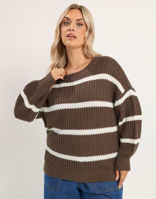 Yours Clothing Stripe waffle knitted jumper in brown, 2 of 4