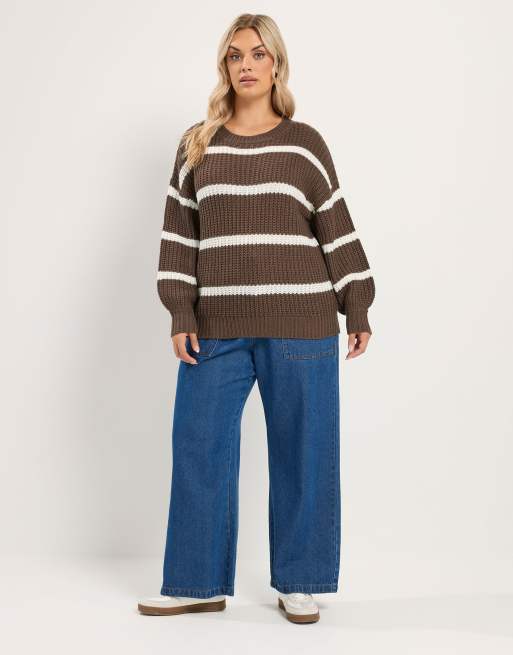 Yours Clothing Stripe waffle knitted jumper in brown, 3 of 4