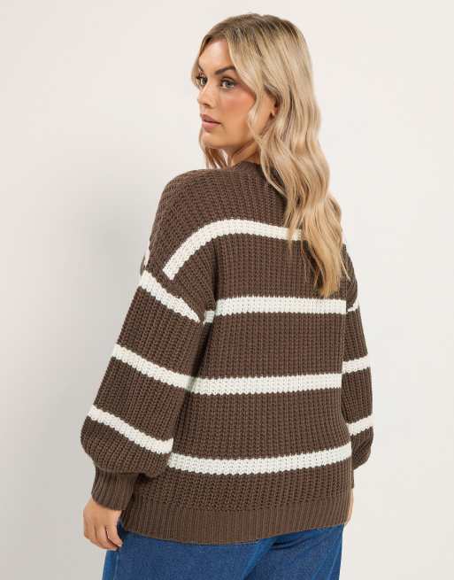 Yours Clothing Stripe waffle knitted jumper in brown, 4 of 4