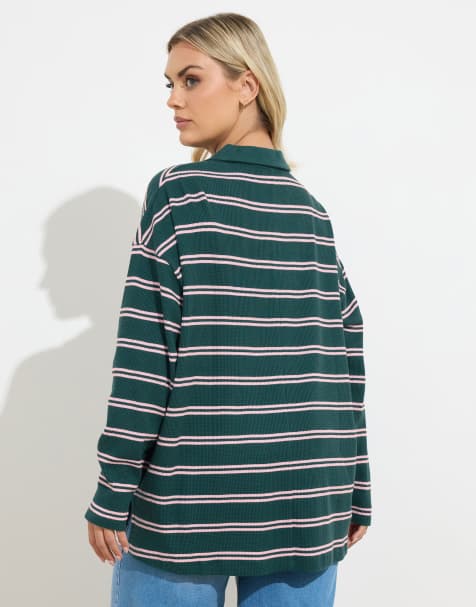 Yours Clothing Stripe waffle rugby collar top in blue - view 1