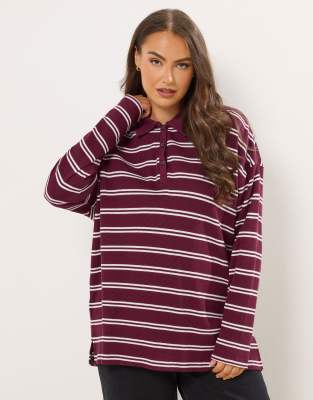 Yours Clothing Stripe waffle rugby collar top in red | ASOS
