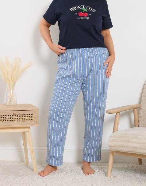 Yours Clothing Stripe wide leg pyjama bottoms in blue - view 1