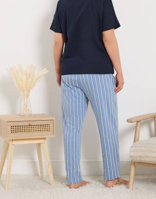 Yours Clothing Stripe wide leg pyjama bottoms in blue, 3 of 5