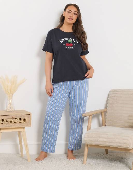 Yours Clothing Stripe wide leg pyjama bottoms in blue, 4 of 5