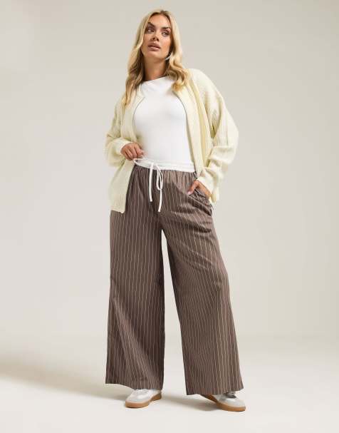 Yours Clothing Stripe wide leg trousers in brown