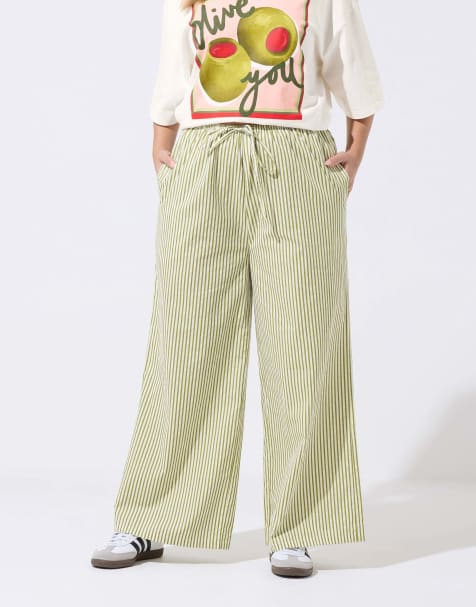 Yours Clothing Stripe wide leg trousers in green