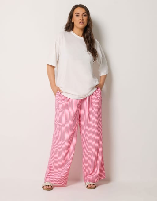 Yours Clothing Stripe wide leg trousers in pink, 4 of 4