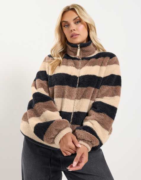 Yours Clothing Stripe zip through fleece in brown - view 1