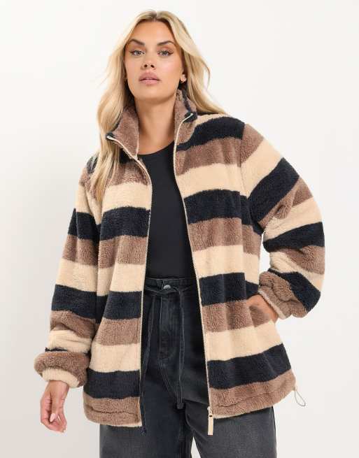 Yours Clothing Stripe zip through fleece in brown, 2 of 4