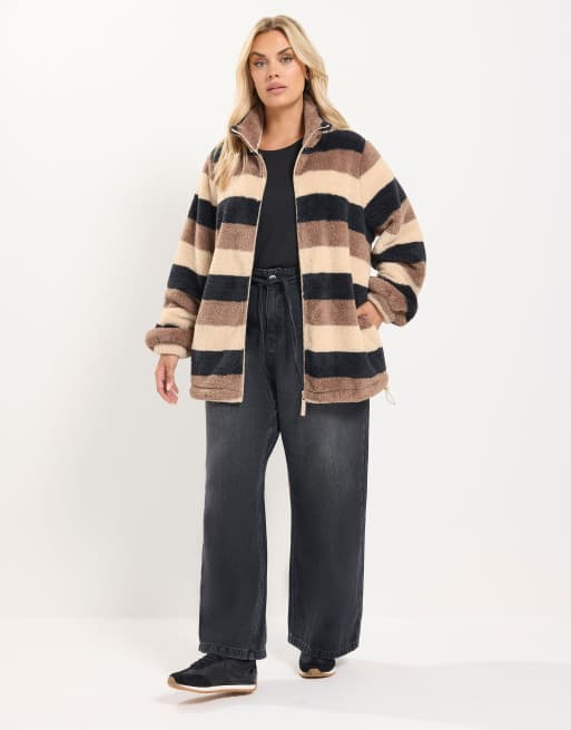 Yours Clothing Stripe zip through fleece in brown, 3 of 4