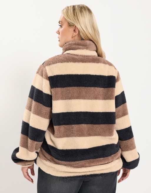 Yours Clothing Stripe zip through fleece in brown, 4 of 4