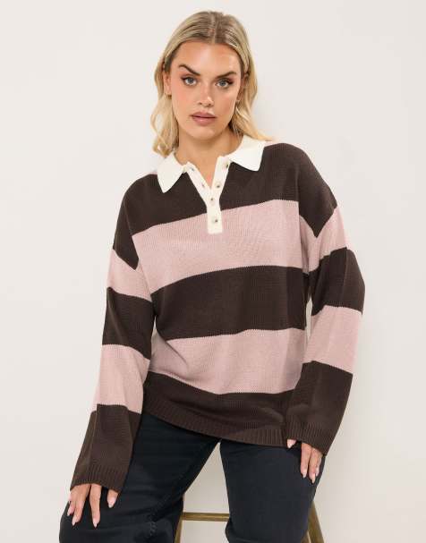 Yours Clothing Striped rugby collar jumper in brown