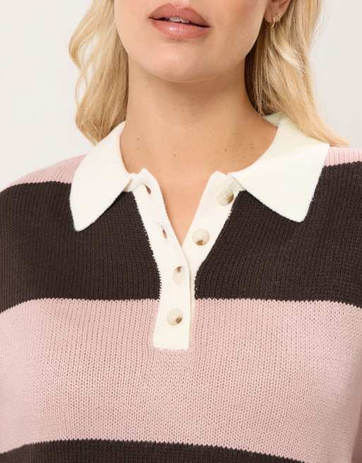 Yours Clothing Striped rugby collar jumper in brown, 2 of 4