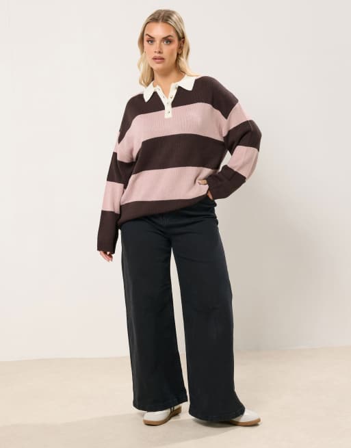 Yours Clothing Striped rugby collar jumper in brown, 3 of 4