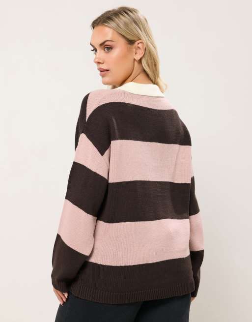Yours Clothing Striped rugby collar jumper in brown, 4 of 4