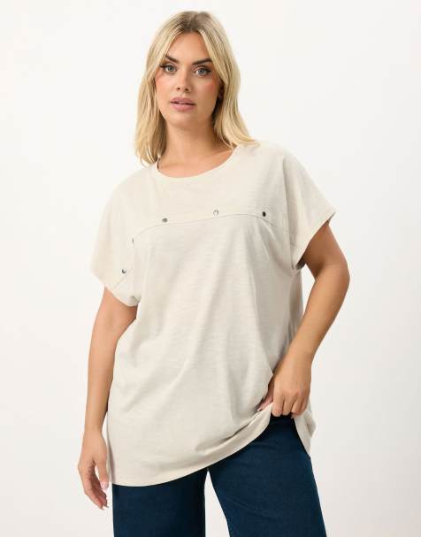 Yours Clothing Stud grown on sleeve t-shirt in ivory