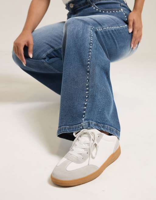 Yours Clothing Studded wide leg jeans in blue, 4 of 4