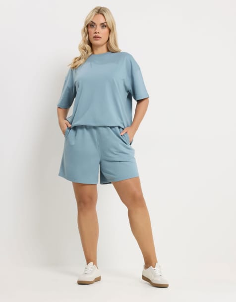 Yours Clothing Sweat t-shirt & short set in blue - view 1