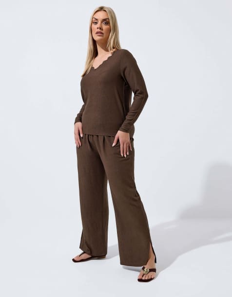Yours Clothing Textured lace trim top in brown - view 1