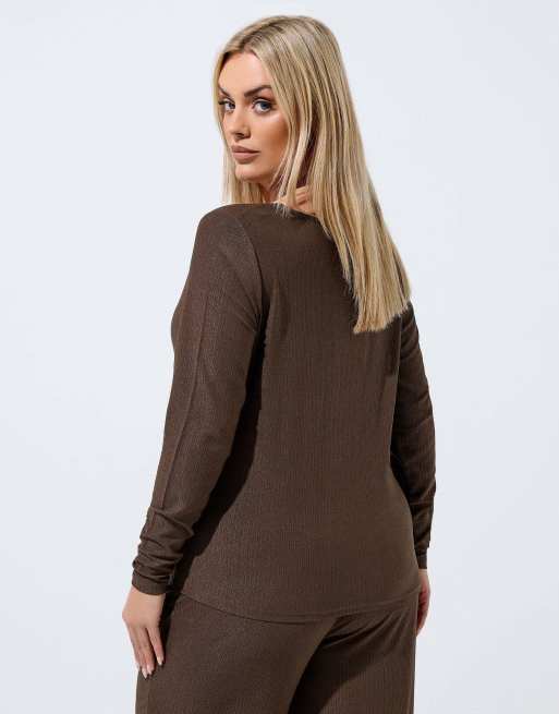 Yours Clothing Textured lace trim top in brown, 4 of 4