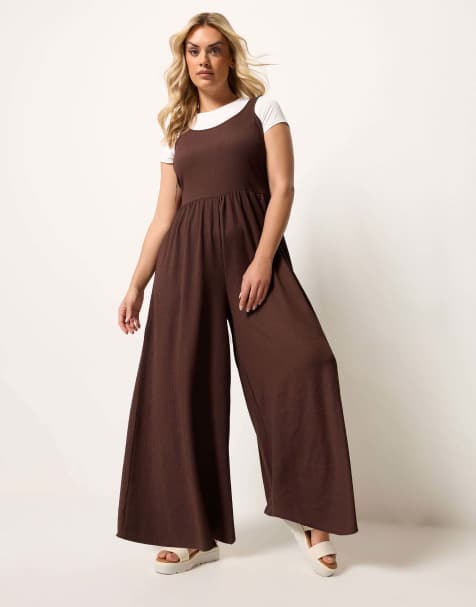 Yours Clothing Textured wide leg jumpsuit in brown - view 1