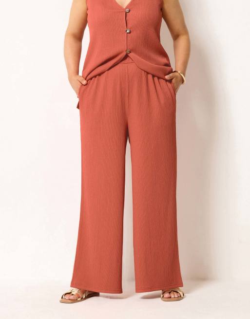 Yours Clothing Textured wide leg trousers in orange, 4 of 4