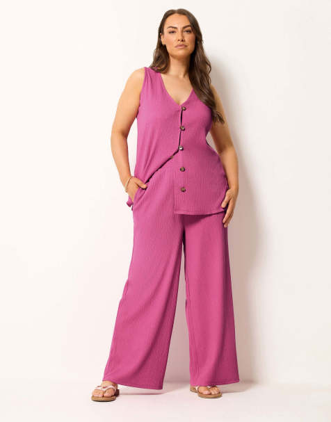 Yours Clothing Textured wide leg trousers in pink - view 1