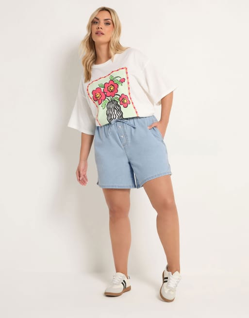 Yours Clothing Tie waist denim shorts in blue, 3 of 4